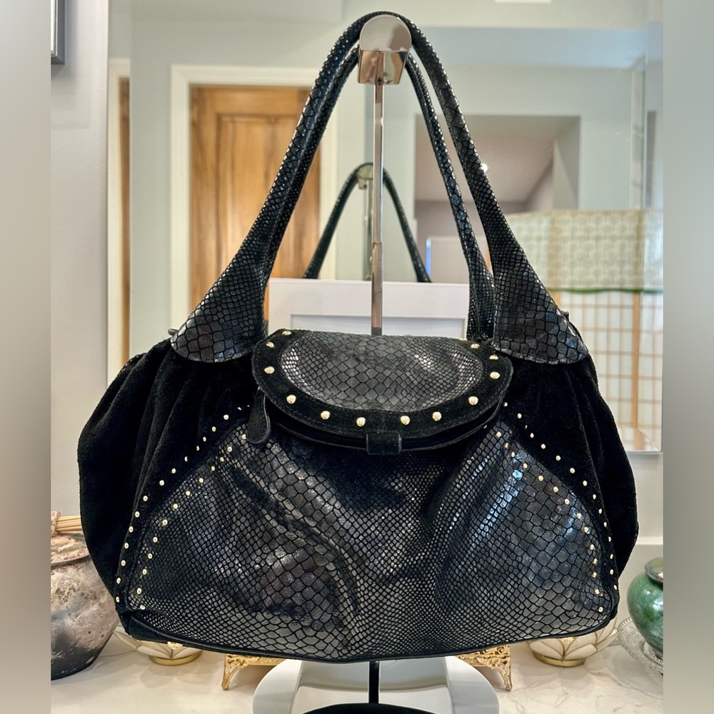 Marciano - Black Suede/Metallic Snakeskin-Embossed Shoulder Bag - EUC